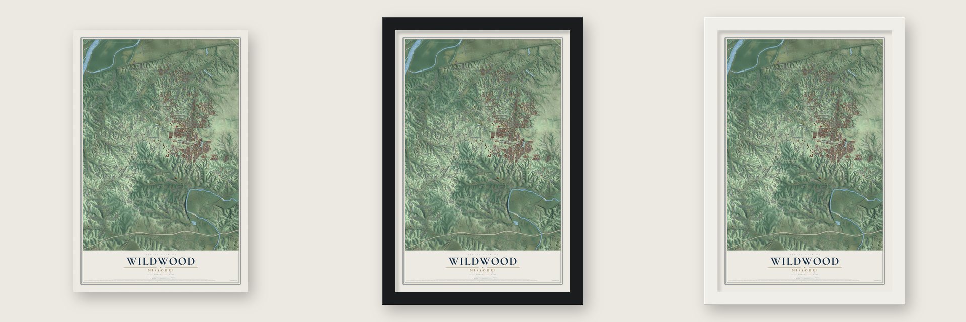 Wildwood, Missouri map unframed, in a black wood frame and in a white wood frame