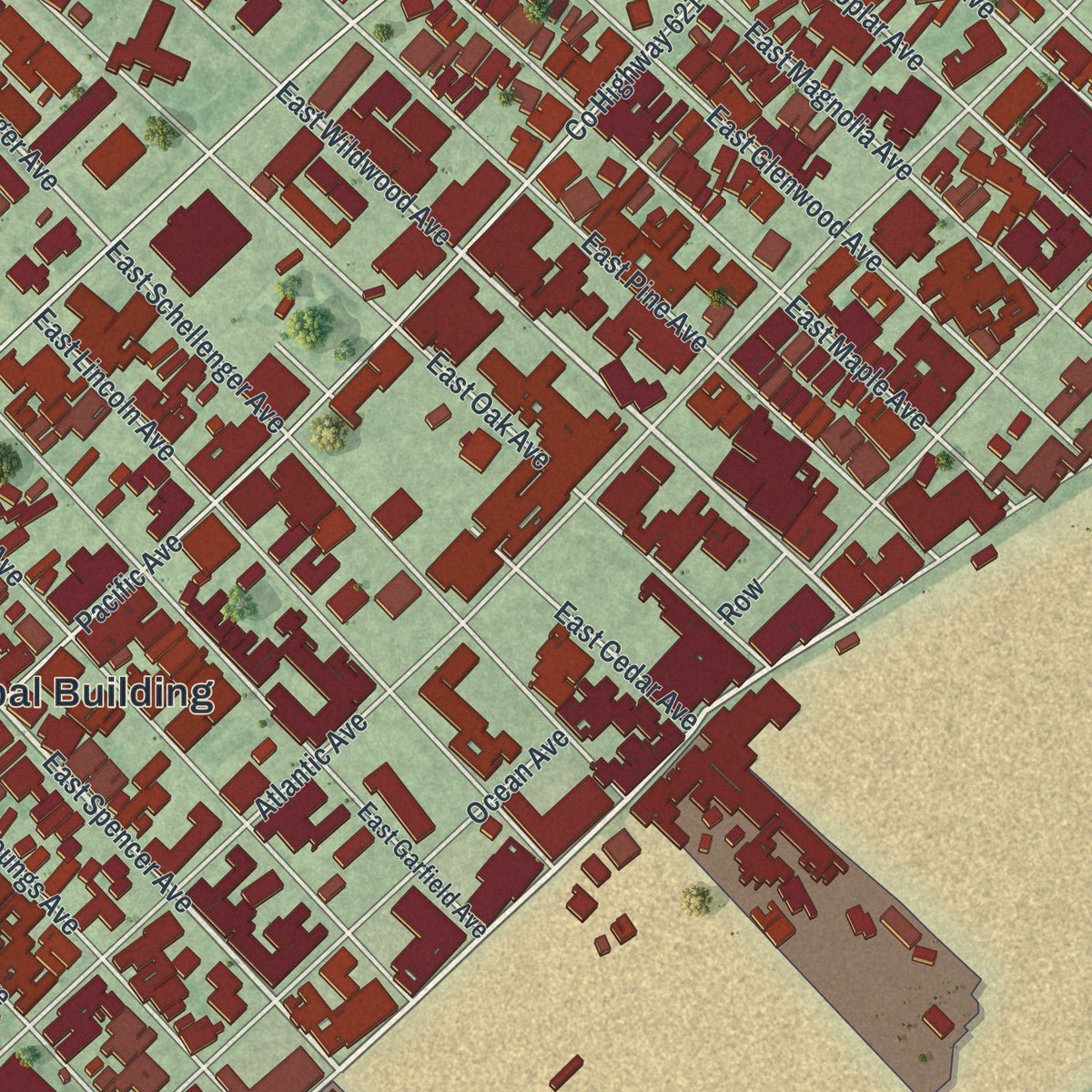 Second close-up of the map of Wildwood, New Jersey print showing more streets and buildings