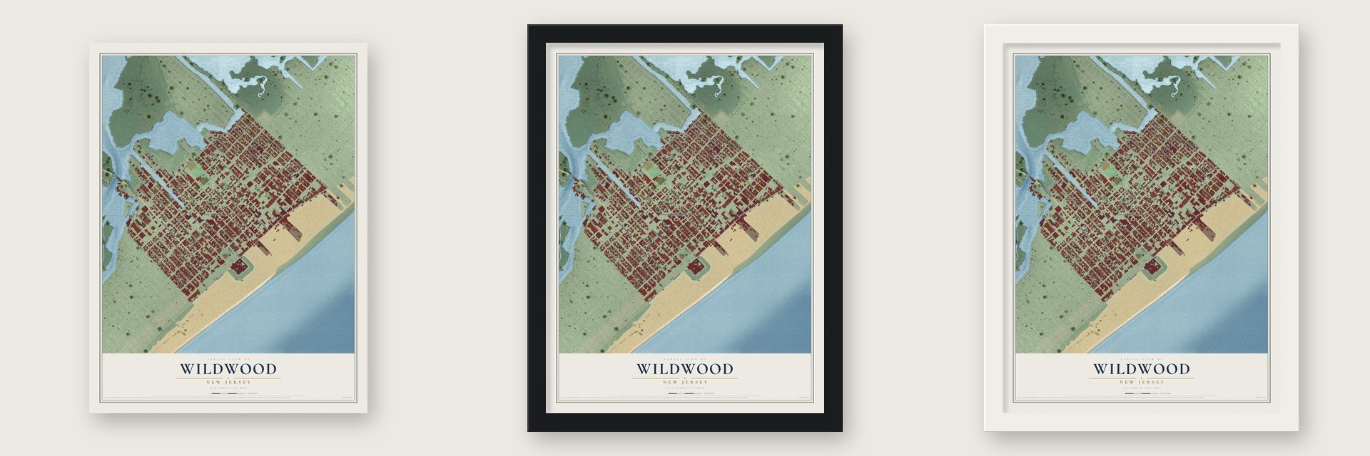 Wildwood, New Jersey map unframed, in a black wood frame and in a white wood frame