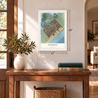 Wildwood, New Jersey map, 12 x 18 inch print in a white frame in an entryway