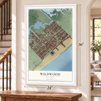 Wildwood, New Jersey map, 24 x 36 inch print in a white frame by a staircase