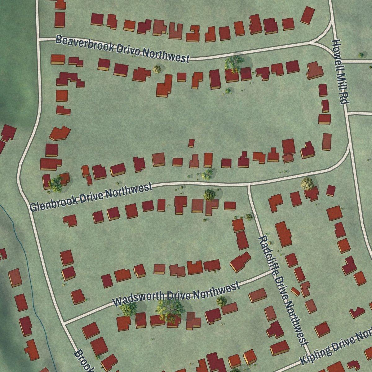 Second close-up of the map of Wildwood (NPU-C), Georgia print showing more streets and buildings