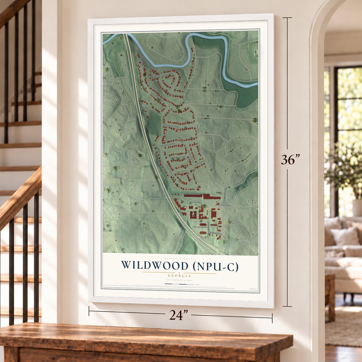 Wildwood (NPU-C), Georgia map, 24 x 36 inch print in a white frame by a staircase