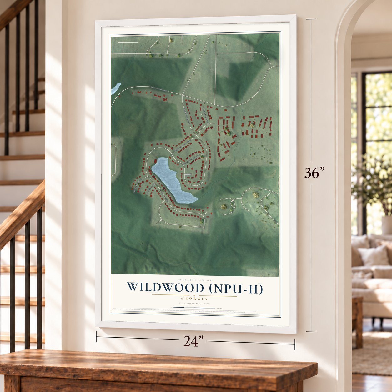 Wildwood (NPU-H), Georgia map, 24 x 36 inch print in a white frame by a staircase