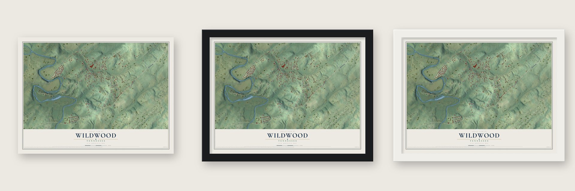 Wildwood, Tennessee map unframed, in a black wood frame and in a white wood frame