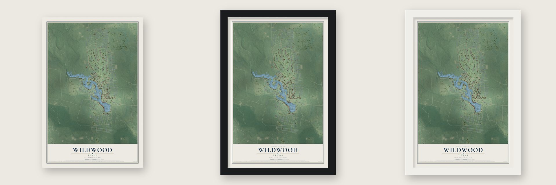 Wildwood, Texas map unframed, in a black wood frame and in a white wood frame