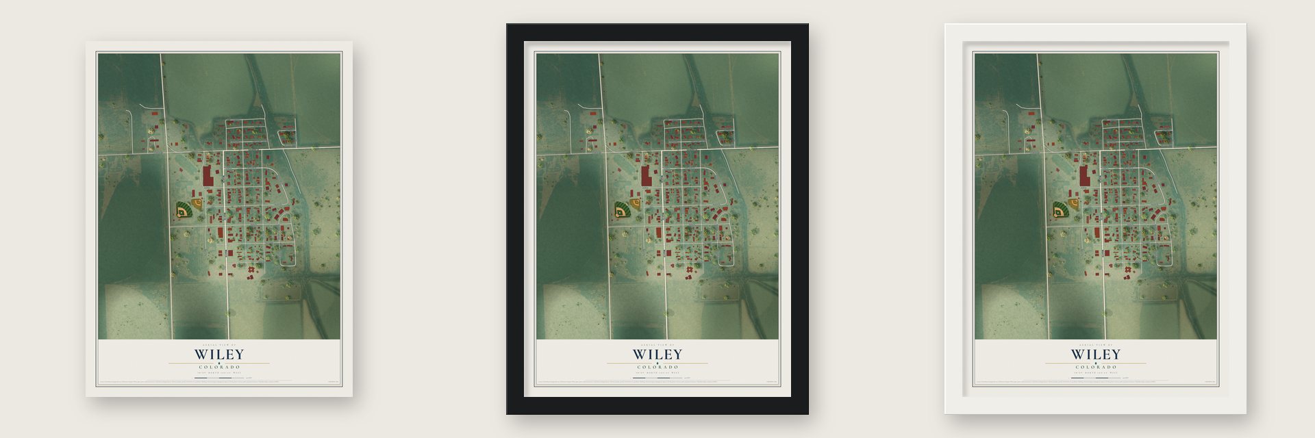 Wiley, Colorado map unframed, in a black wood frame and in a white wood frame