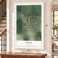 Wiley, Colorado map, 24 x 36 inch print in a white frame by a staircase