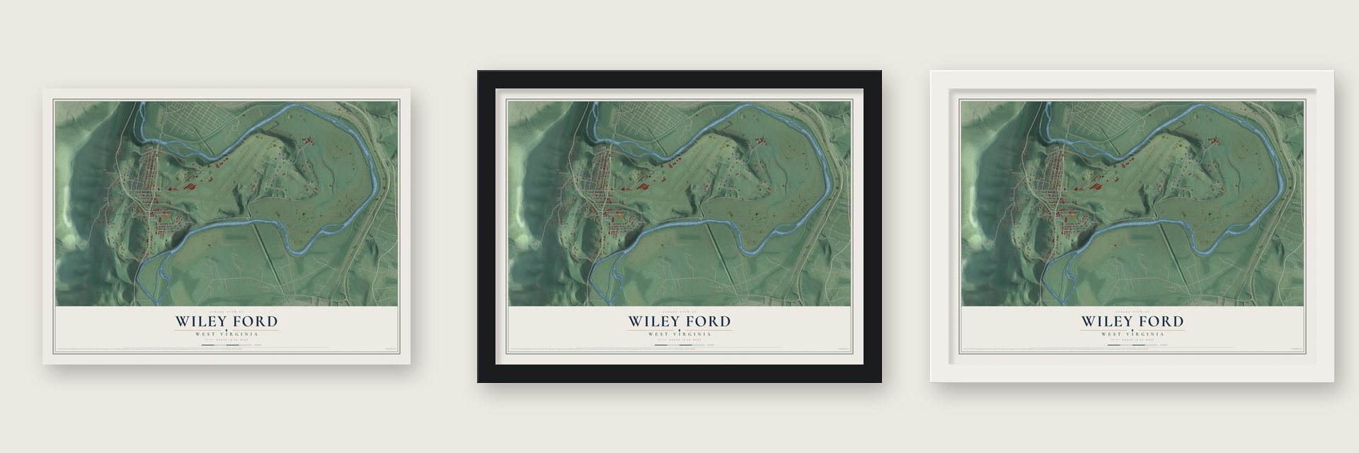 Wiley Ford, West Virginia map unframed, in a black wood frame and in a white wood frame
