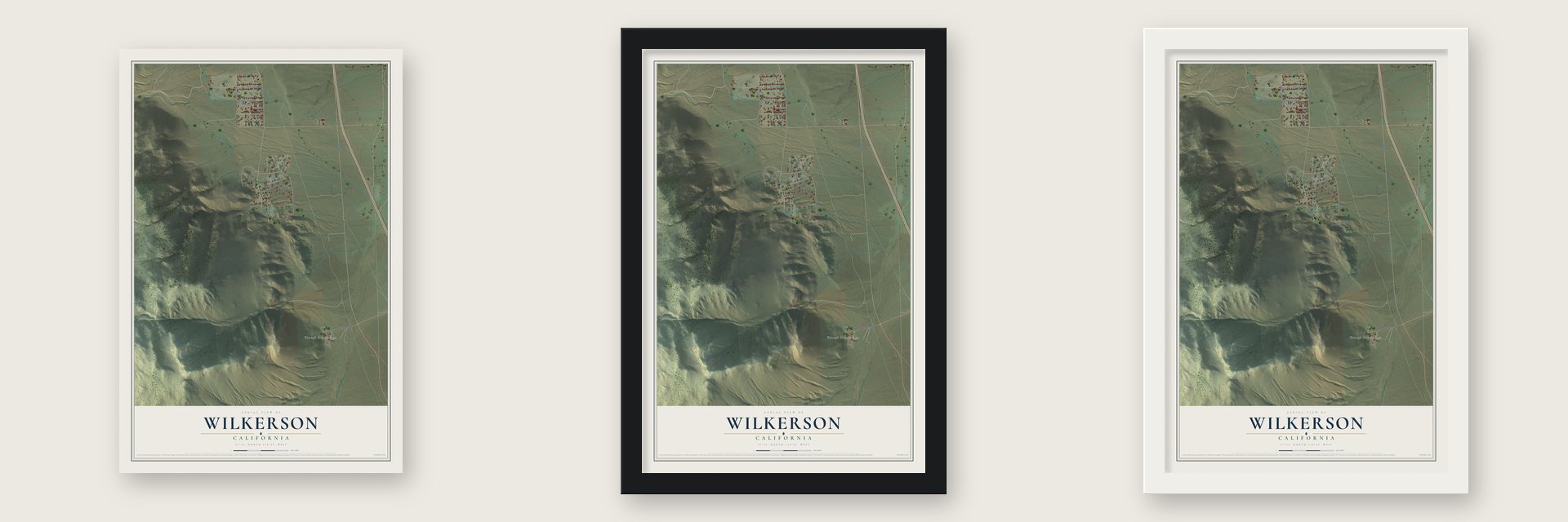 Wilkerson, California map unframed, in a black wood frame and in a white wood frame