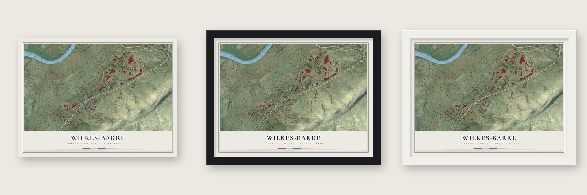 Wilkes-Barre, Luzerne County, Pennsylvania map unframed, in a black wood frame and in a white wood frame
