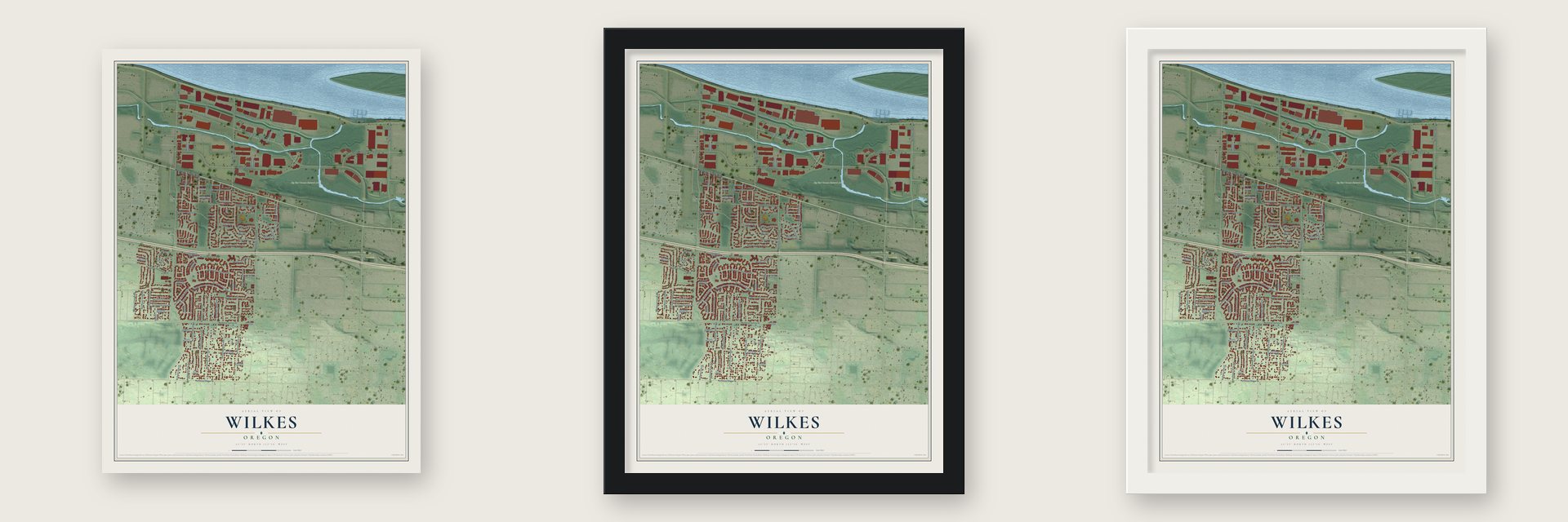 Wilkes, Oregon map unframed, in a black wood frame and in a white wood frame