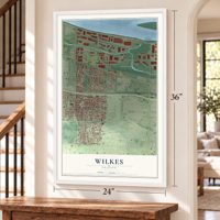 Wilkes, Oregon map, 24 x 36 inch print in a white frame by a staircase