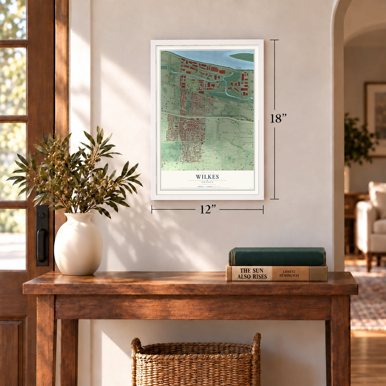 Wilkes, Oregon map, 12 x 18 inch print in a white frame in an entryway