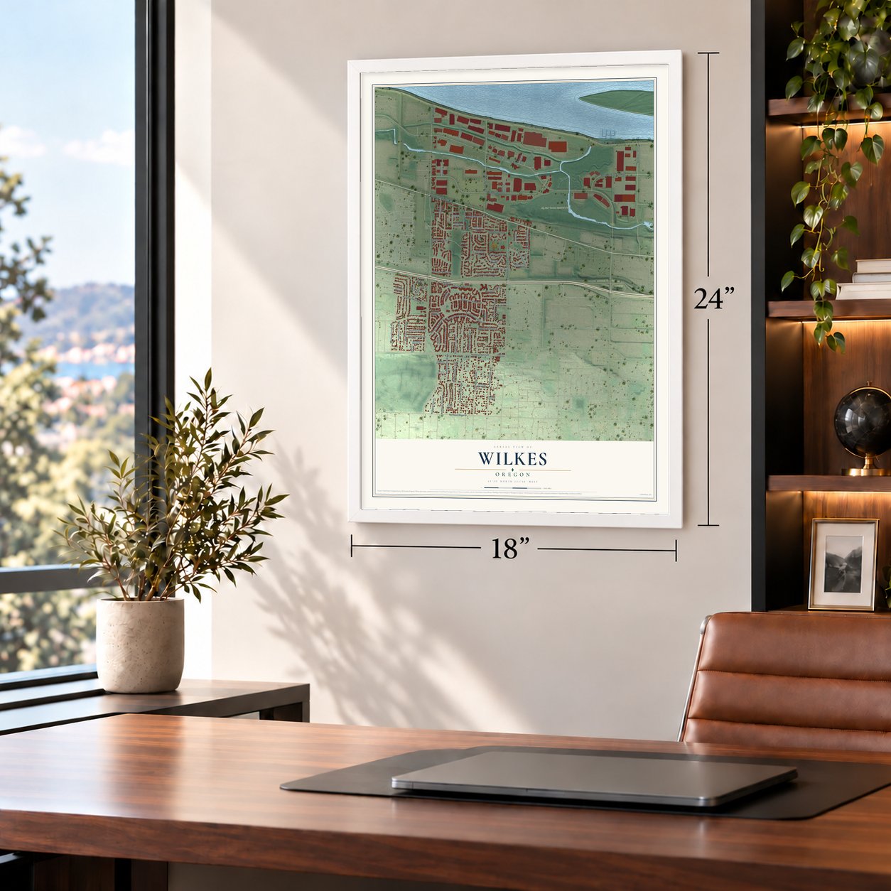Wilkes, Oregon map, 18 x 24 inch print in a white frame in a home office