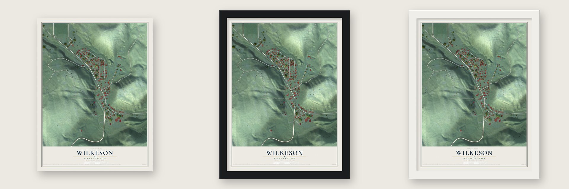 Wilkeson, Washington map unframed, in a black wood frame and in a white wood frame
