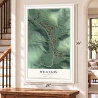 Wilkeson, Washington map, 24 x 36 inch print in a white frame by a staircase