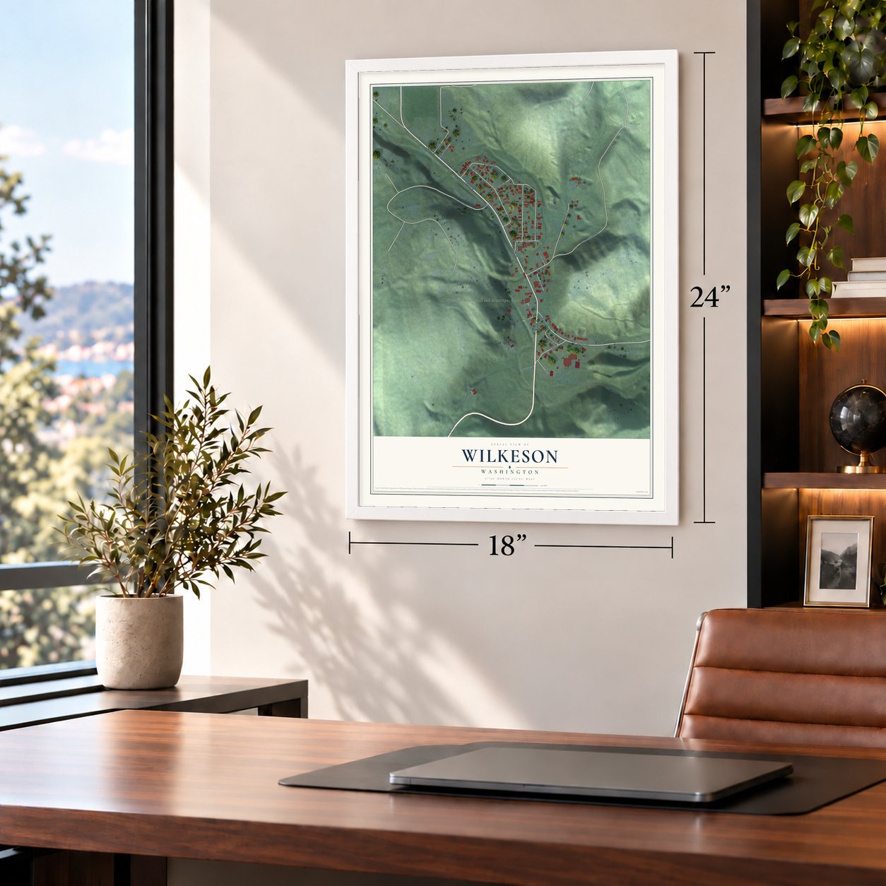 Wilkeson, Washington map, 18 x 24 inch print in a white frame in a home office