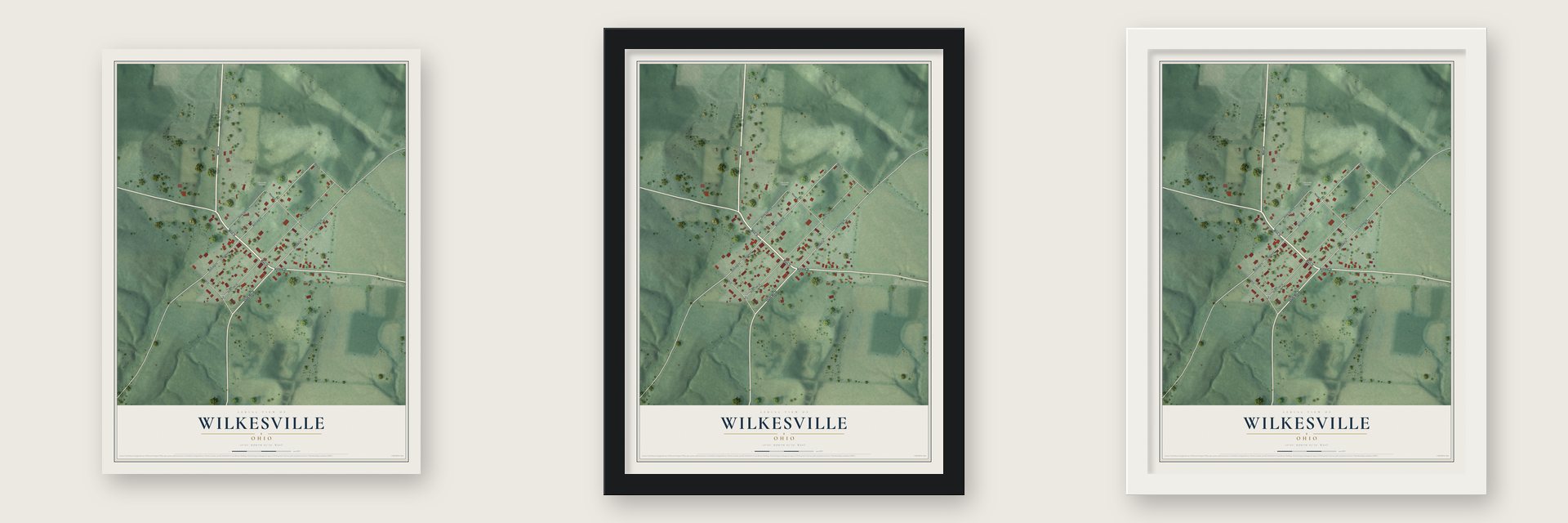 Wilkesville, Ohio map unframed, in a black wood frame and in a white wood frame