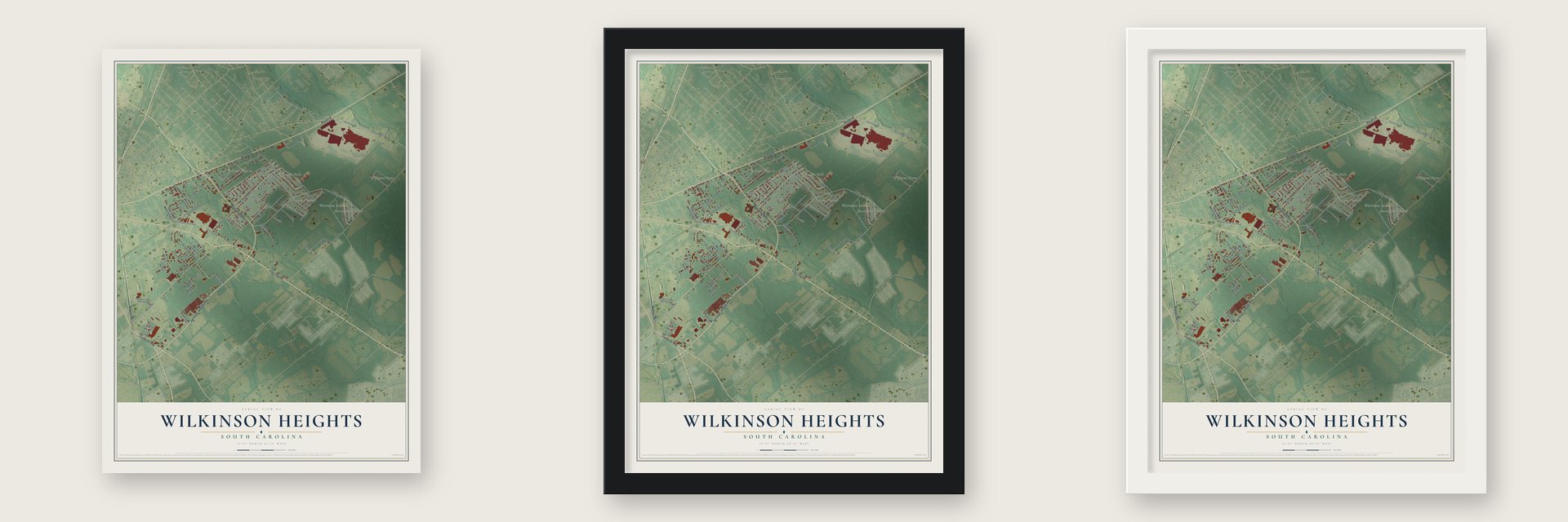 Wilkinson Heights, South Carolina map unframed, in a black wood frame and in a white wood frame
