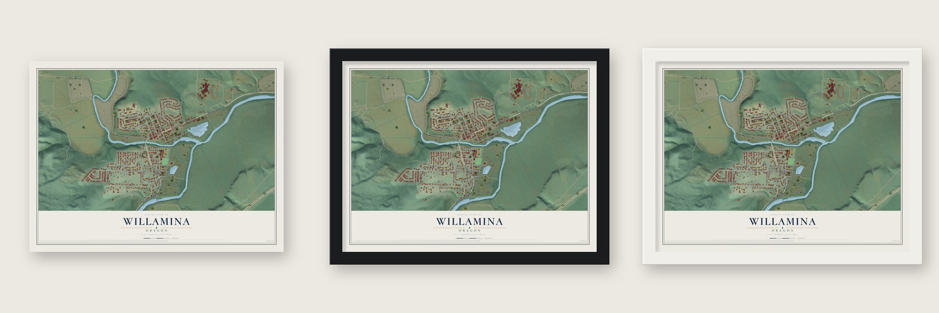 Willamina, Oregon map unframed, in a black wood frame and in a white wood frame