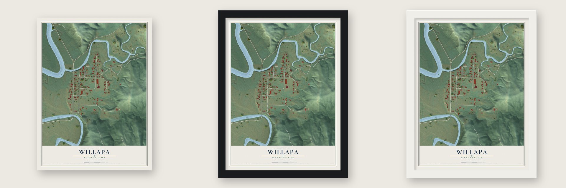Willapa, Washington map unframed, in a black wood frame and in a white wood frame