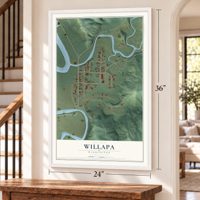 Willapa, Washington map, 24 x 36 inch print in a white frame by a staircase