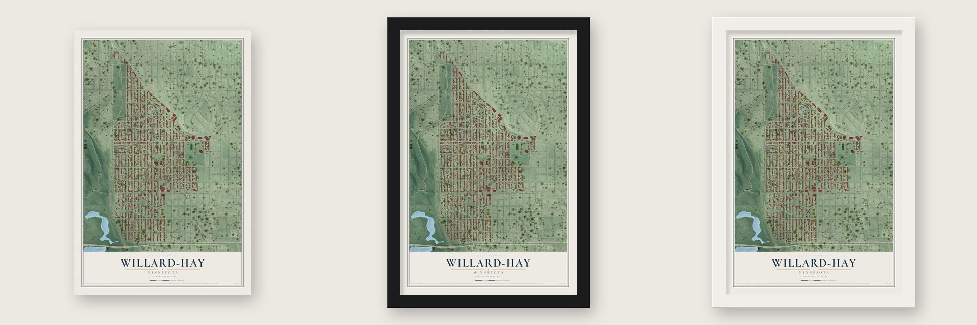 Willard-Hay, Minnesota map unframed, in a black wood frame and in a white wood frame