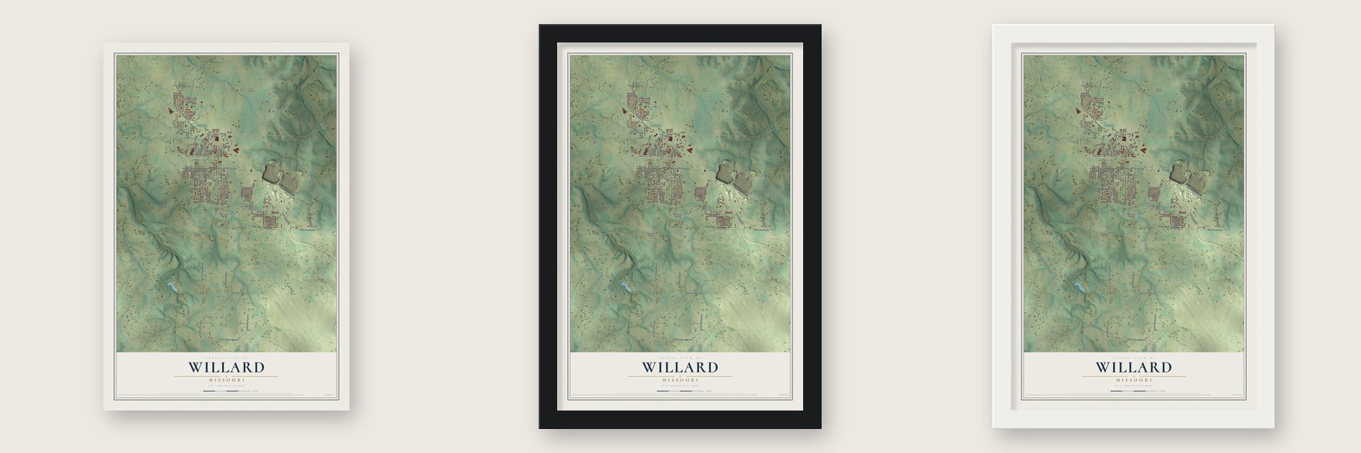 Willard, Missouri map unframed, in a black wood frame and in a white wood frame