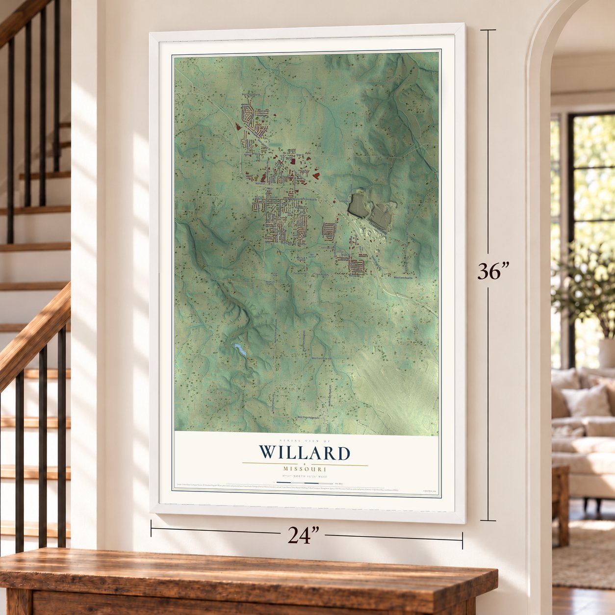 Willard, Missouri map, 24 x 36 inch print in a white frame by a staircase