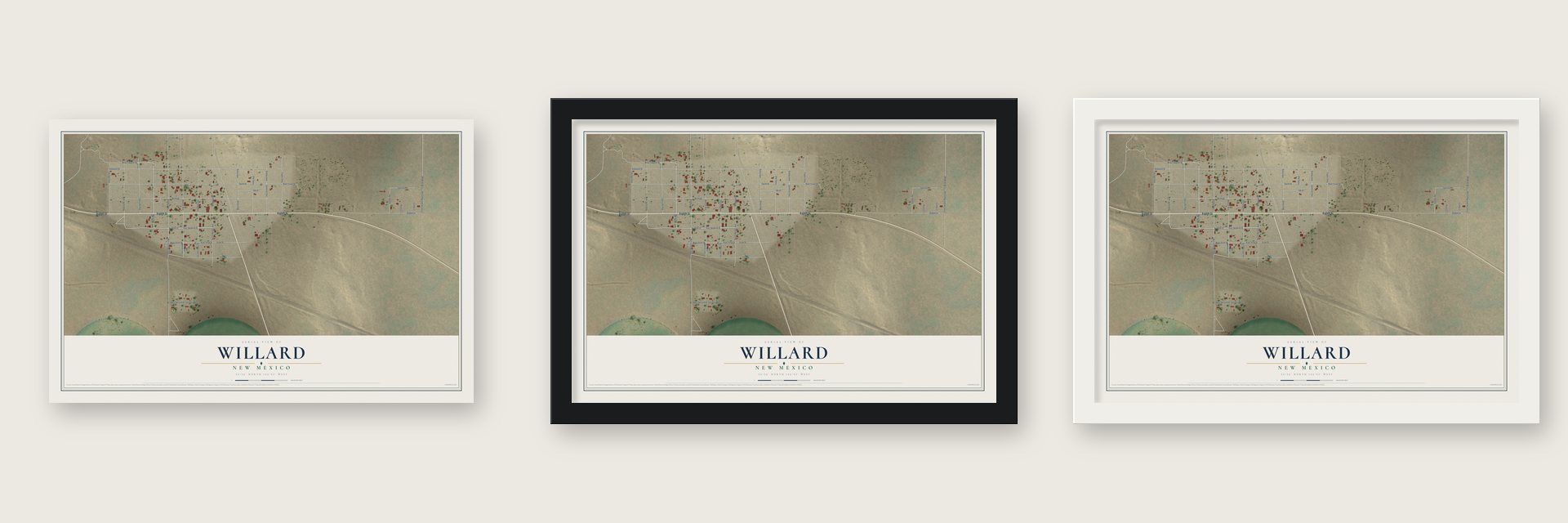 Willard, New Mexico map unframed, in a black wood frame and in a white wood frame