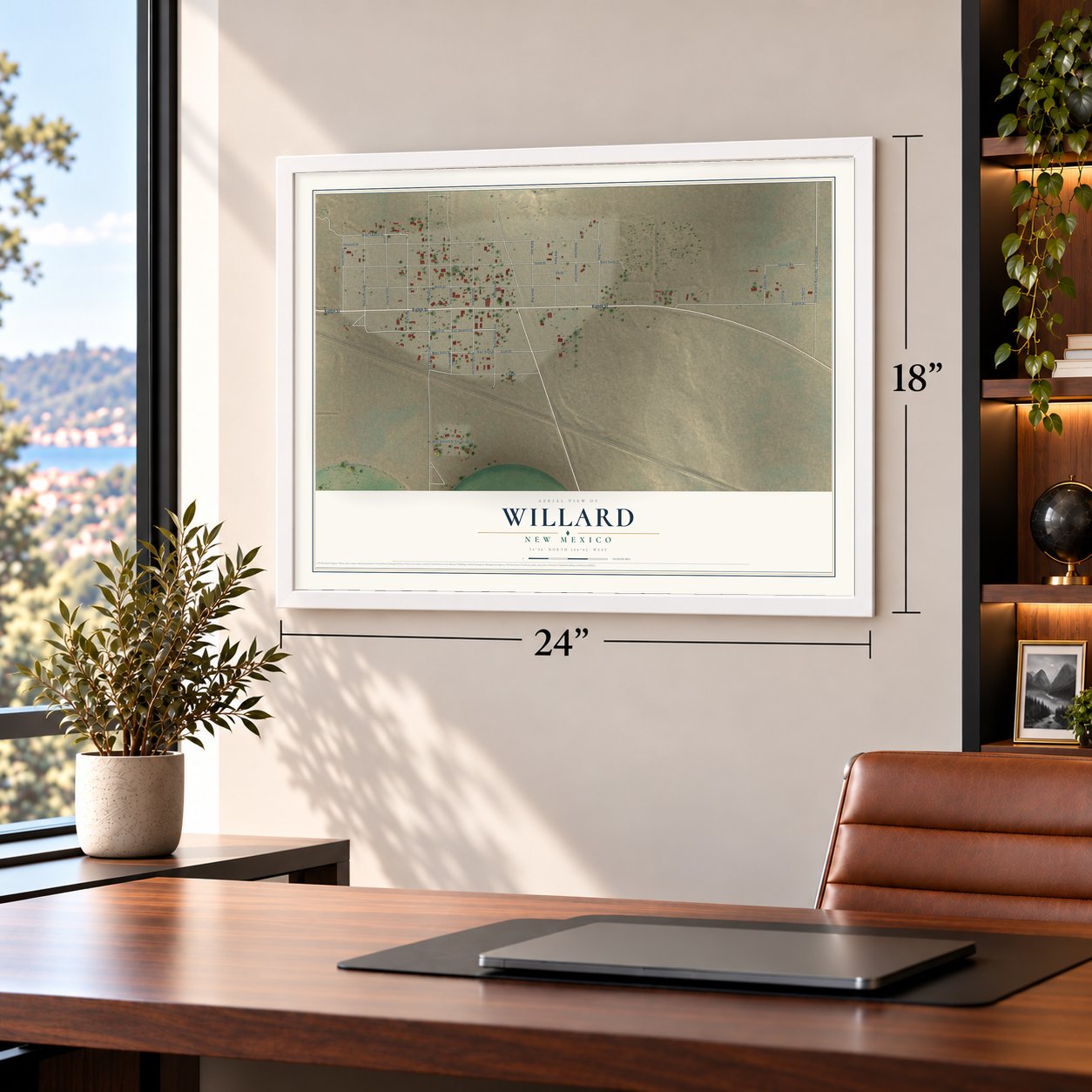 Willard, New Mexico map, 18 x 24 inch print in a white frame in a home office