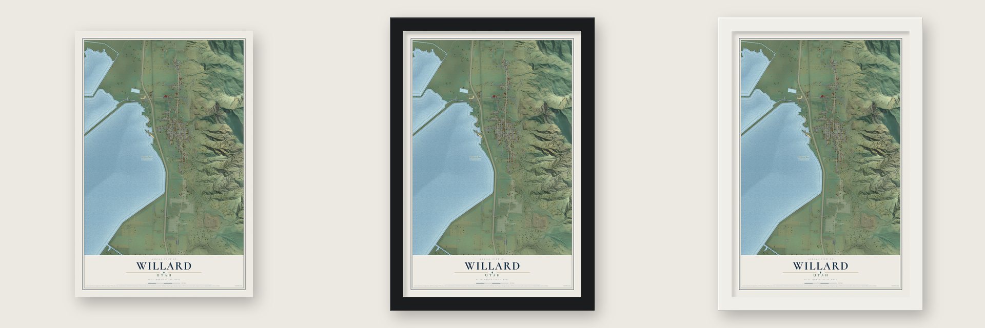 Willard, Utah map unframed, in a black wood frame and in a white wood frame