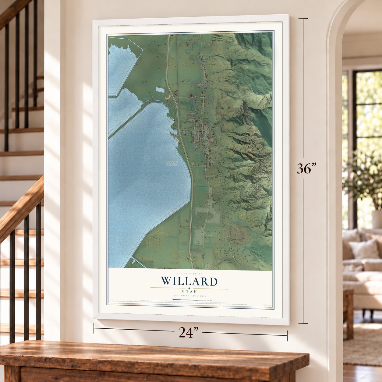 Willard, Utah map, 24 x 36 inch print in a white frame by a staircase