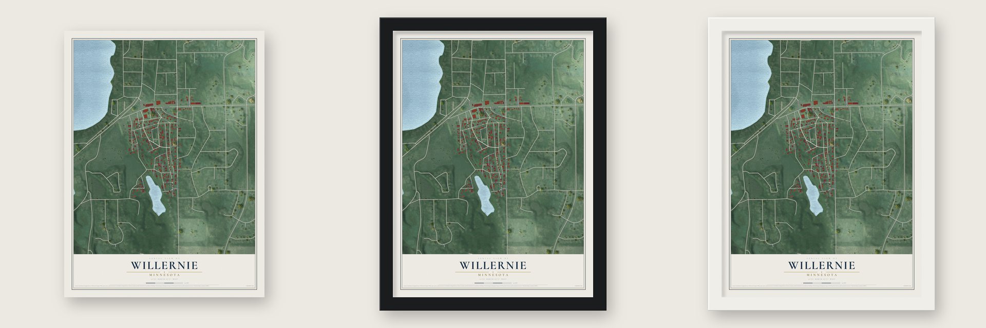 Willernie, Minnesota map unframed, in a black wood frame and in a white wood frame