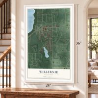 Willernie, Minnesota map, 24 x 36 inch print in a white frame by a staircase