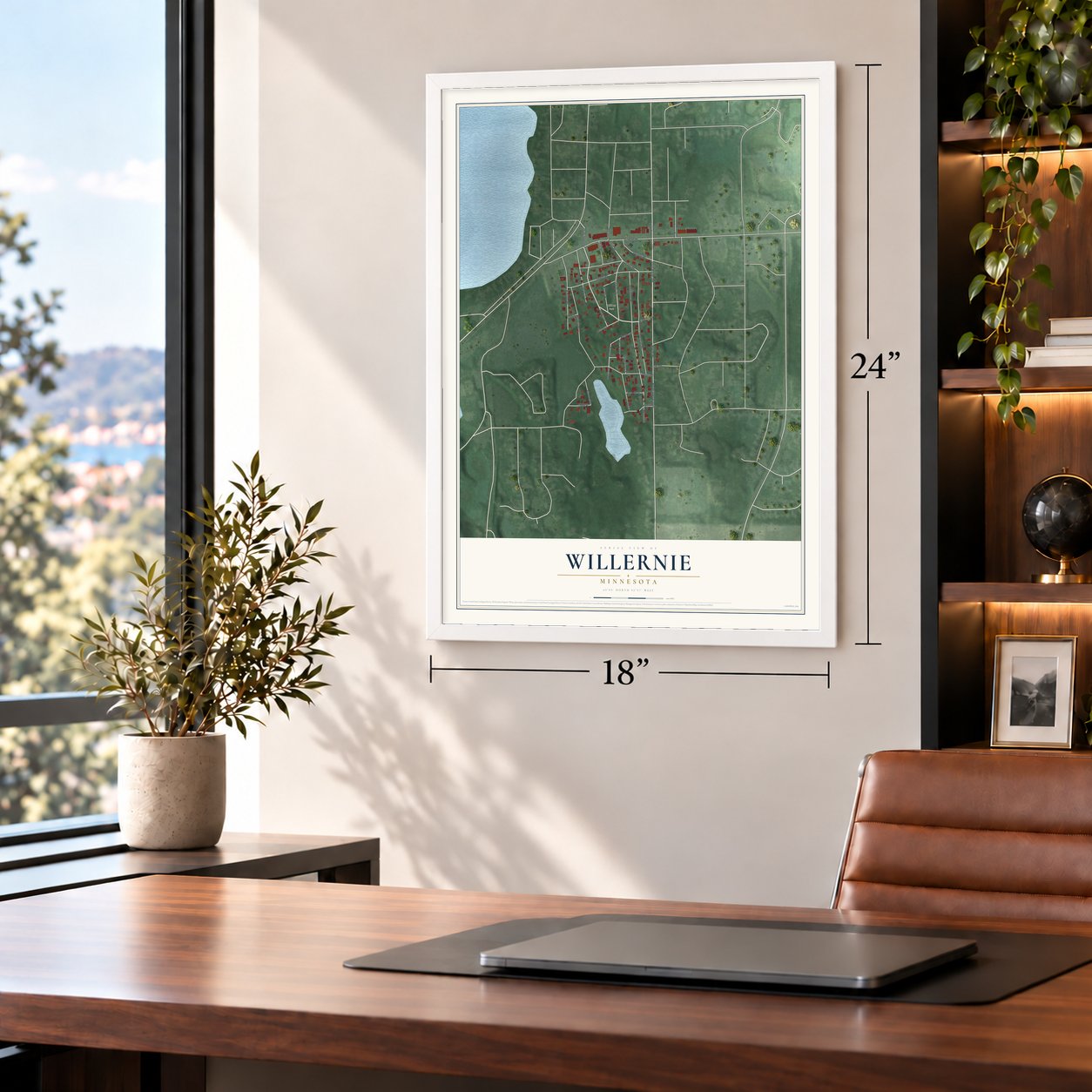 Willernie, Minnesota map, 18 x 24 inch print in a white frame in a home office