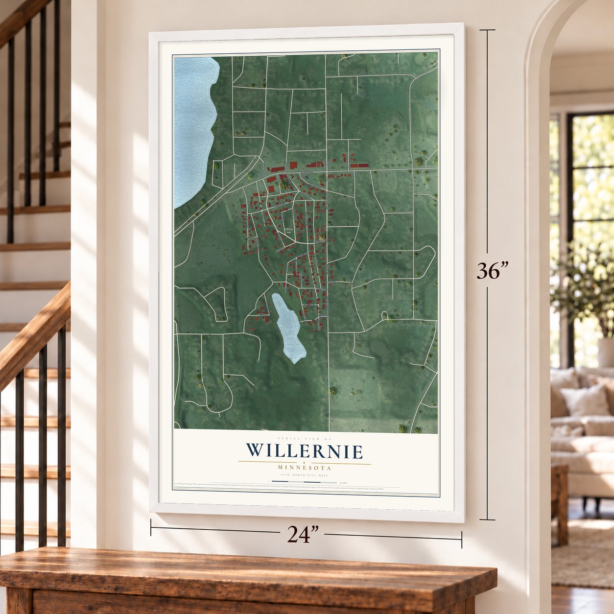 Willernie, Minnesota map, 24 x 36 inch print in a white frame by a staircase