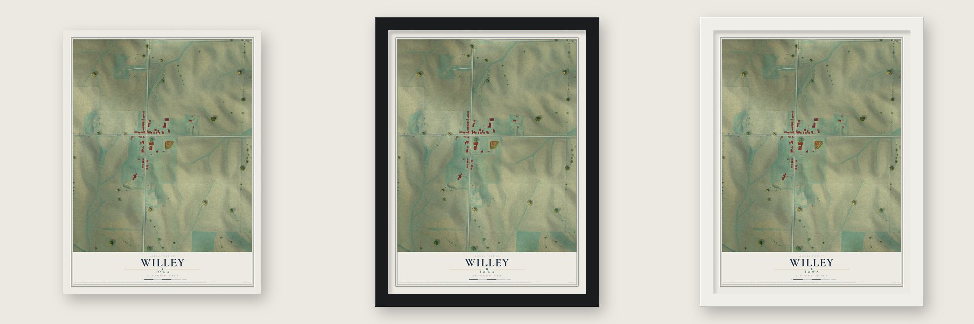 Willey, Iowa map unframed, in a black wood frame and in a white wood frame