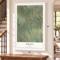 Willey, Iowa map, 24 x 36 inch print in a white frame by a staircase