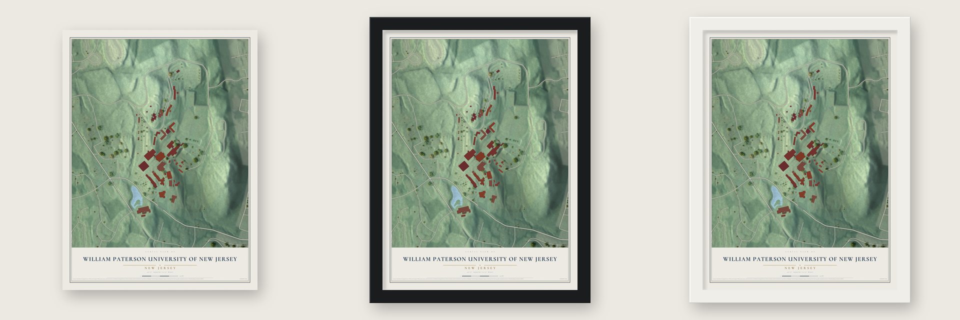 William Paterson University of New Jersey, New Jersey map unframed, in a black wood frame and in a white wood frame