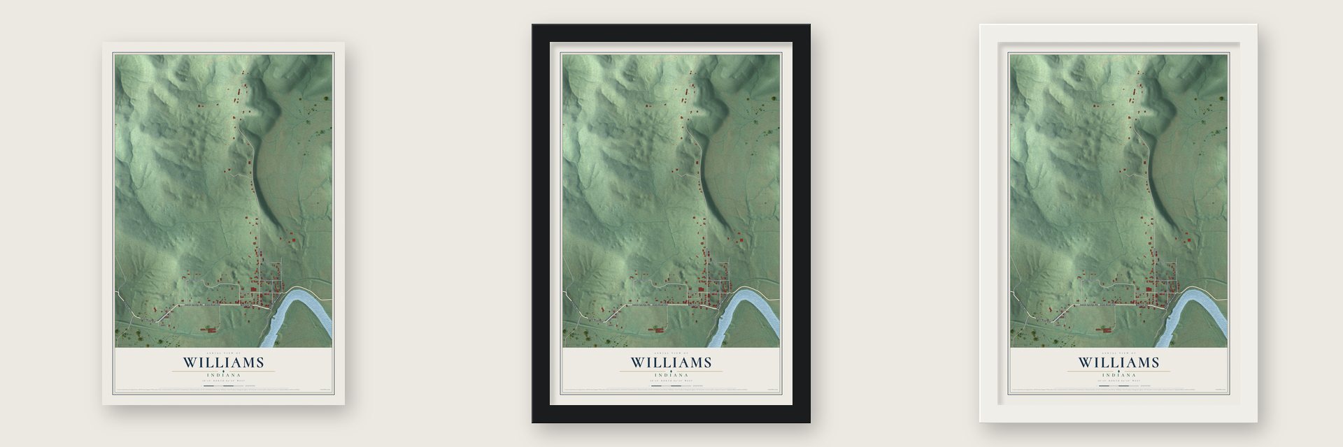 Williams, Indiana map unframed, in a black wood frame and in a white wood frame