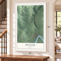 Williams, Indiana map, 24 x 36 inch print in a white frame by a staircase