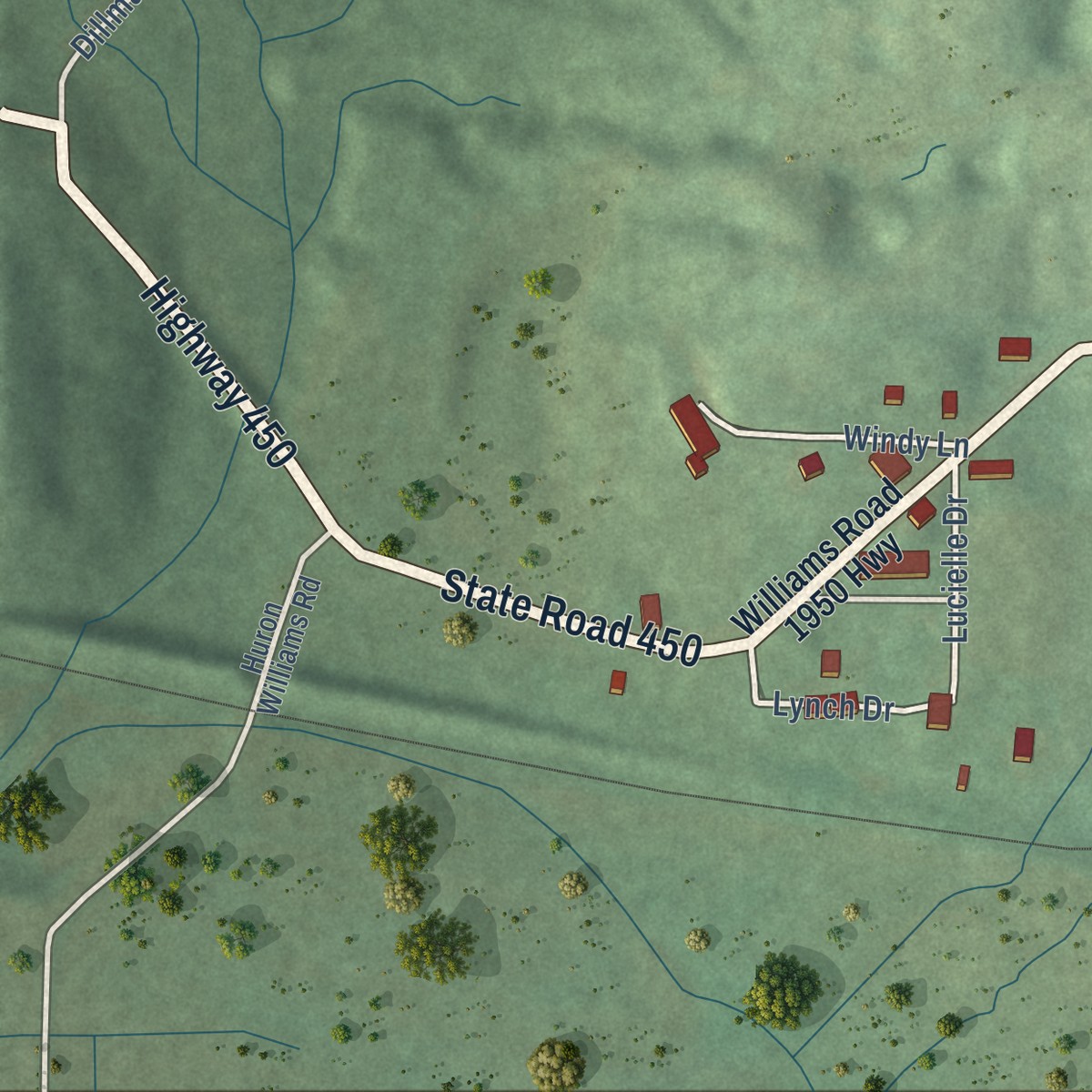 Second close-up of the map of Williams, Indiana print showing more streets and buildings