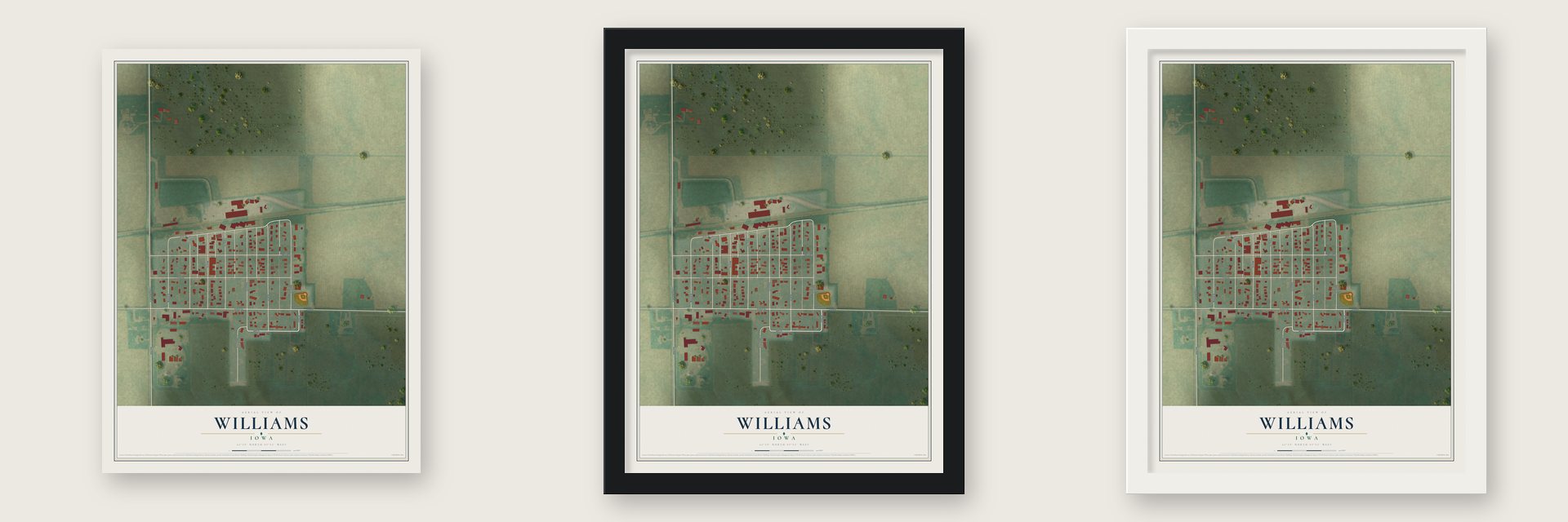 Williams, Iowa map unframed, in a black wood frame and in a white wood frame