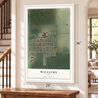 Williams, Iowa map, 24 x 36 inch print in a white frame by a staircase