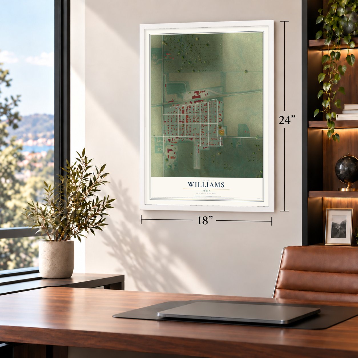 Williams, Iowa map, 18 x 24 inch print in a white frame in a home office