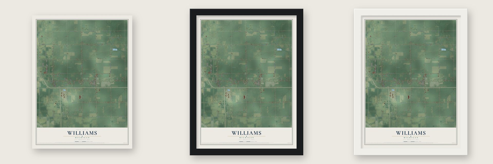 Williams, Michigan map unframed, in a black wood frame and in a white wood frame