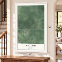 Williams, Michigan map, 24 x 36 inch print in a white frame by a staircase