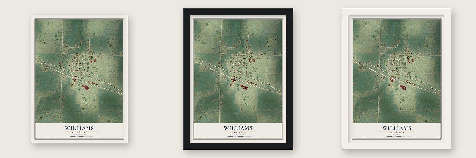 Williams, Minnesota map unframed, in a black wood frame and in a white wood frame